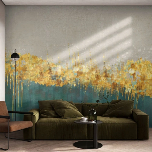 Papier Peint Photo Premium Sand - Des accents dorés sur un fond beige et vert dans une forme abstraite - 100x70cm - La frontière dorée - Décoration murale moderne pour le salon et la chambre ARTTOR