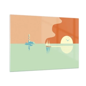 Impression sur verre - Image sur verre - Un coucher de soleil minimaliste avec un voilier et un phare - 100x70cm - Paysage idéal de la mer - Décoration murale moderne pour le salon et la chambre ARTTOR