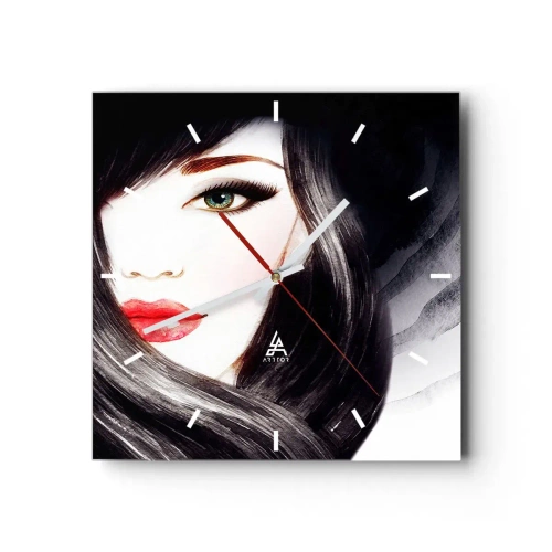 Horloge murale - Pendule murale - Portrait d'une femme au regard expressif et aux lèvres rouges - 30x30cm - Aspect saphir - Décoration murale moderne pour le salon et la chambre ARTTOR