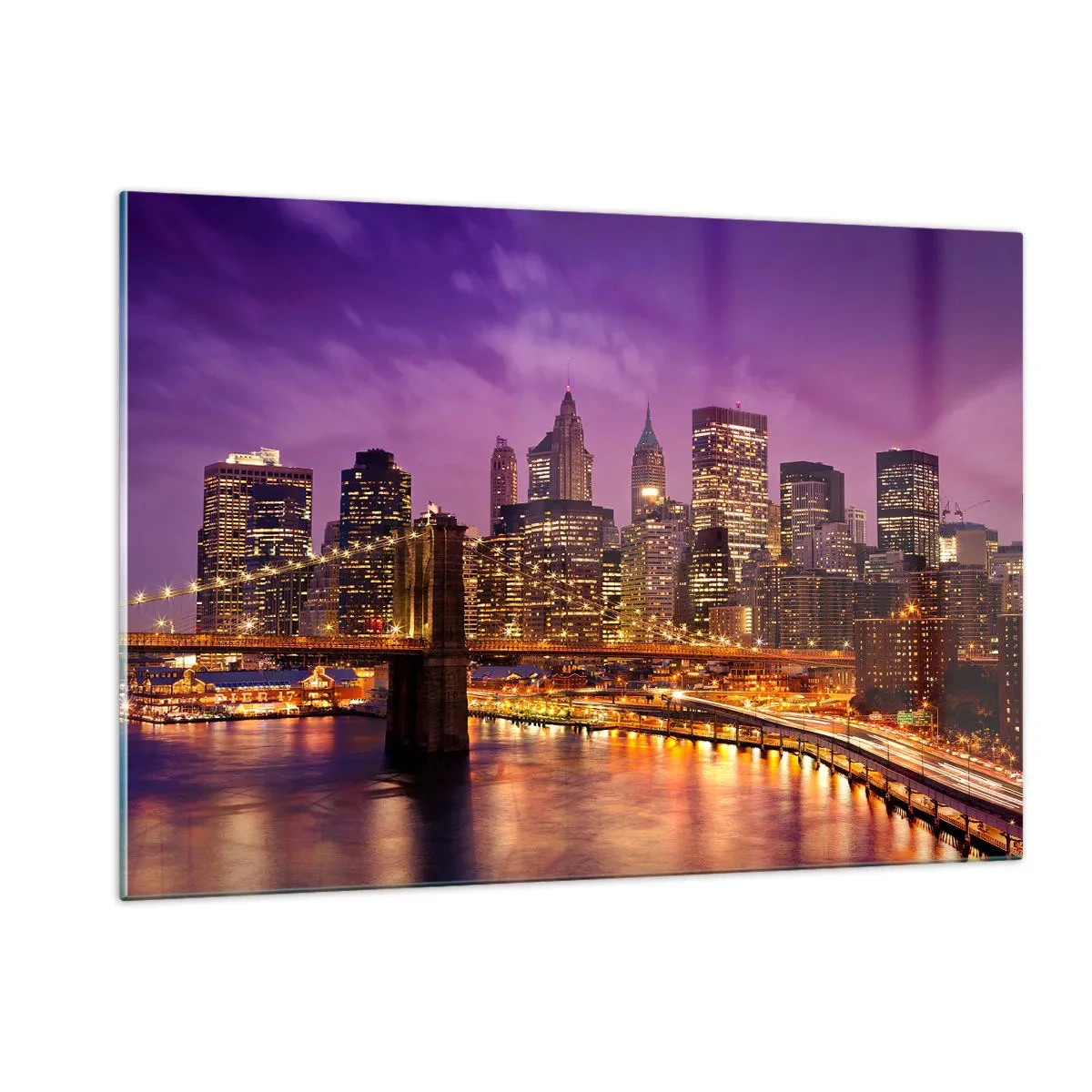 Impression sur verre - Image sur verre - Vue nocturne de New York avec le pont de Brooklyn - 120x80cm - Manhathann or violet - Décoration murale moderne pour le salon et la chambre ARTTOR