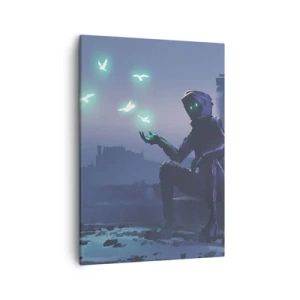 Impression sur toile - Image sur toile - Une silhouette encapuchonnée avec des oiseaux magiques en arrière-plan d'une ville - 50x70cm - La vie reviendra - Décoration murale moderne pour le salon et la chambre ARTTOR