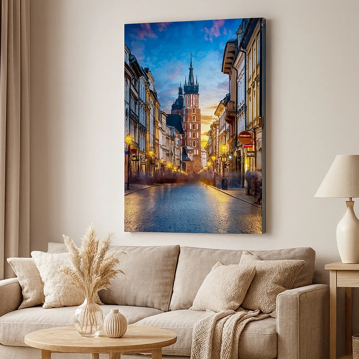 Impression sur toile - Image sur toile - Rue du soir avec vue sur la cathédrale de Cracovie - 50x70cm - La magie de Cracovie - Décoration murale moderne pour le salon et la chambre ARTTOR