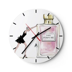 Horloge murale - Pendule murale - Une femme avec un flacon de parfum - 30x30cm - L'essence des femmes - Décoration murale moderne pour le salon, la cuisine et la chambre ARTTOR