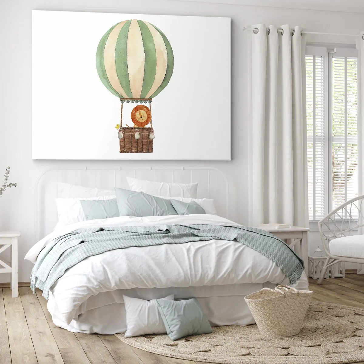 Impression sur toile - Image sur toile - Un ballon avec un lion souriant dans un panier aux couleurs pastel - 100x70cm - Les voyages de Léon - Décoration murale moderne pour le salon et la chambre ARTTOR