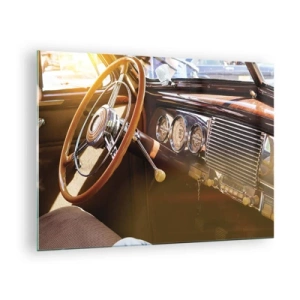 Impression sur verre - Image sur verre - Intérieur d'une voiture ancienne avec un volant en bois - 70x50cm - Souffle de luxe venu du passé - Décoration murale moderne pour le salon et la chambre ARTTOR