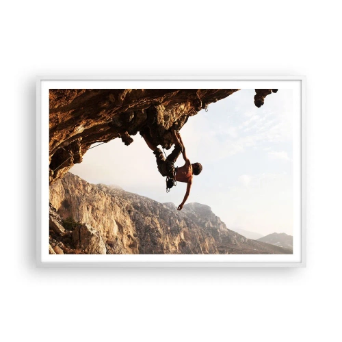 Affiche dans un cadre blanc - Poster - Le monde rétréci dans une main sur une coupe de rocher - 100x70 cm