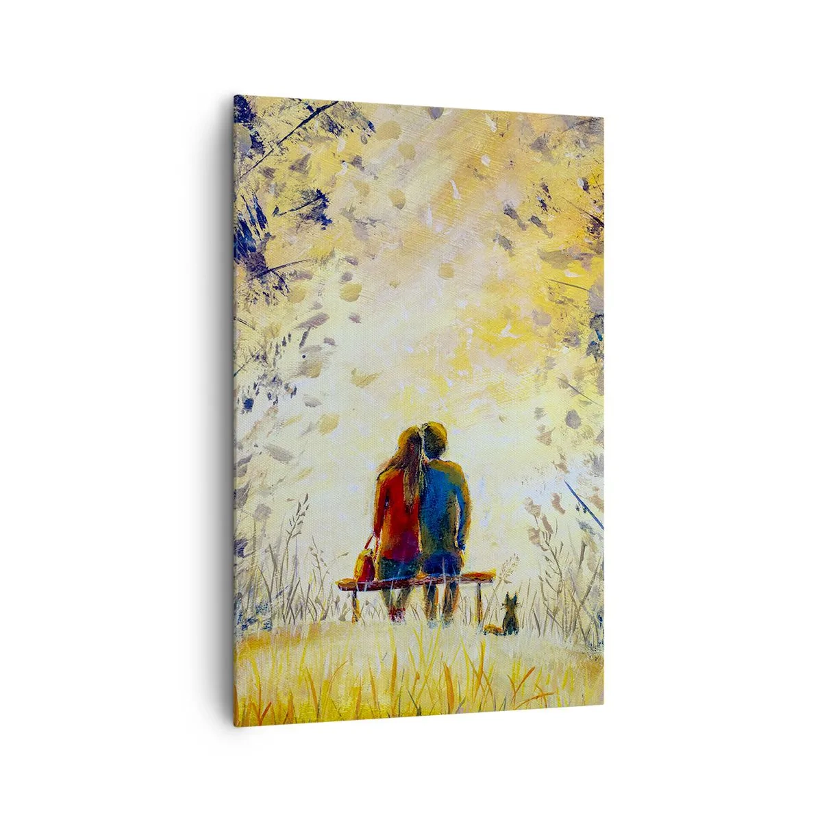 Impression sur toile - Image sur toile - Un couple assis sur un banc parmi les arbres d'automne au soleil - 80x120cm - Moment magique - Décoration murale moderne pour le salon et la chambre ARTTOR