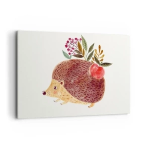 Impression sur toile - Image sur toile - Un hérisson mignon avec une pomme et des plantes dans un style illustratif - 120x80cm - Et tu m’apprécies déjà - Décoration murale moderne pour le salon et la chambre ARTTOR