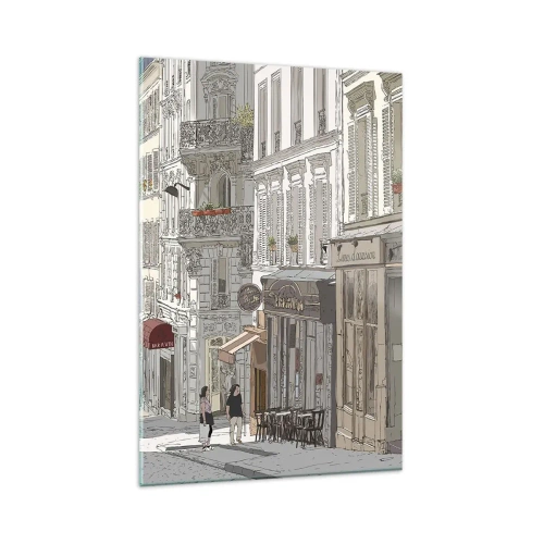 Impression sur verre - Image sur verre - Illustration d'une rue de la ville avec des cafés et des magasins - 80x120cm - Joie de la ville - Décoration murale moderne pour le salon et la chambre ARTTOR