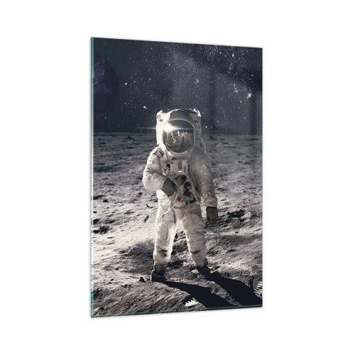 Impression sur verre - Image sur verre - Astronaute à la surface de la Lune avec la Terre en arrière-plan - 80x120cm - Salutations de la lune - Décoration murale moderne pour le salon et la chambre ARTTOR