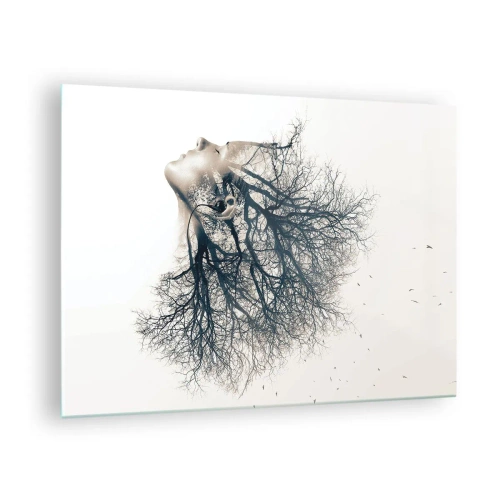 Impression sur verre - Image sur verre - Silhouette d'une femme avec des branches en guise de cheveux - 70x50cm - Écouter le murmure des arbres - Décoration murale moderne pour le salon et la chambre ARTTOR