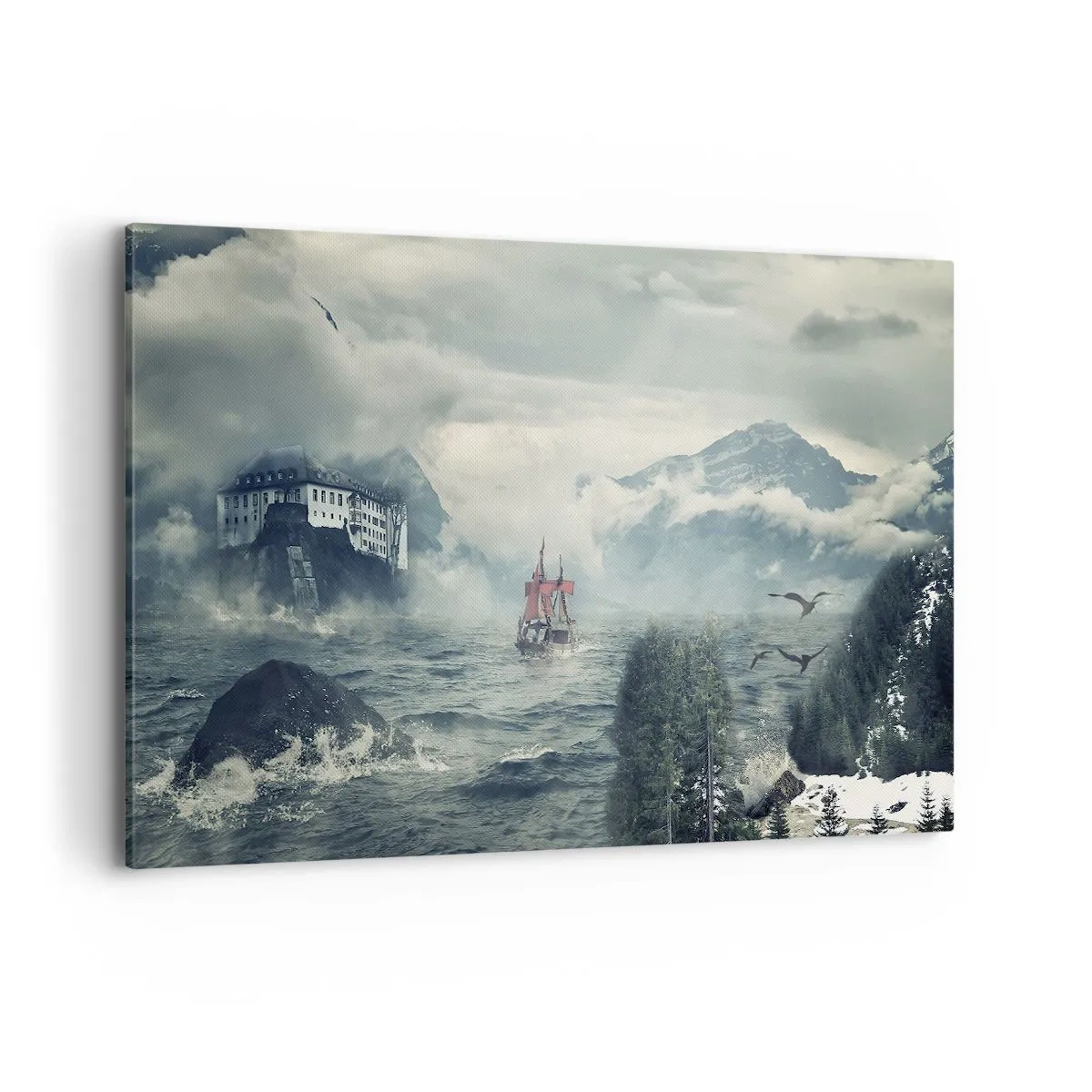 Impression sur toile - Image sur toile - Un paysage mystérieux avec un château, des montagnes et un navire - 120x80cm - Dans l'eau magique - Décoration murale moderne pour le salon et la chambre ARTTOR