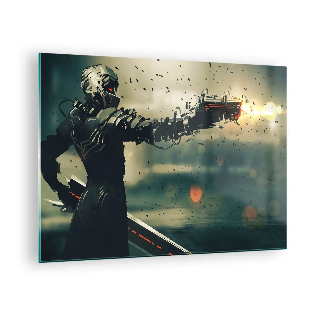 Impression sur verre - Image sur verre - Un cyber-guerrier de style futuriste avec des armes énergétiques - 70x50cm - L'arme fatale - Votre propre Terminator - Décoration murale moderne pour le salon et la chambre ARTTOR