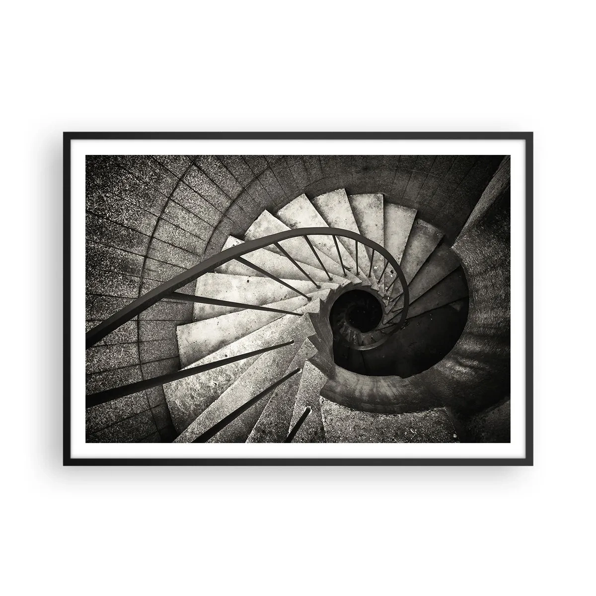 Affiche dans un cadre noir - Poster - Escalier en colimaçon noir et blanc de style moderne - 100x70cm - En haut des escaliers, en bas des escaliers - Décoration murale moderne pour le salon et la chambre ARTTOR