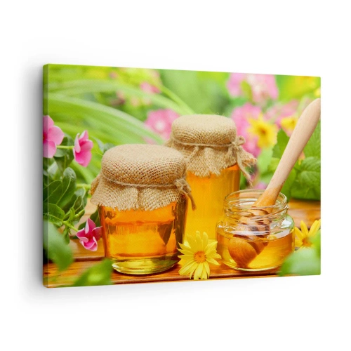 Impression sur toile - Image sur toile - Pots de miel avec des fleurs sur fond de jardin d'été - 70x50cm - Doux et fleuri - Décoration murale moderne pour le salon et la chambre ARTTOR