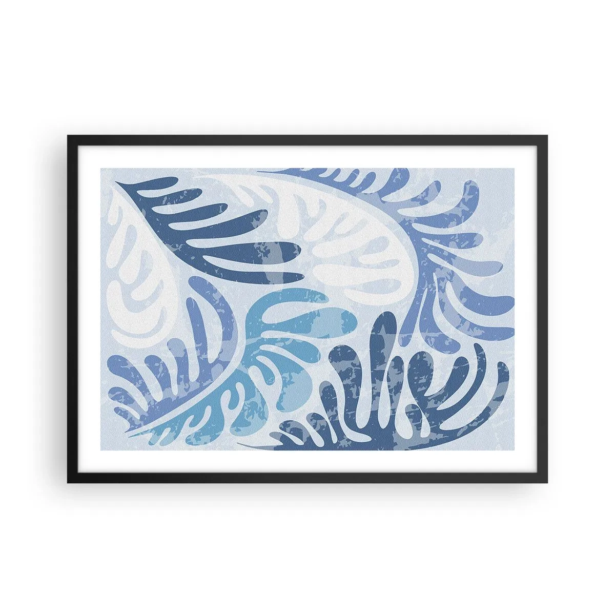 Affiche dans un cadre noir - Poster - Formes abstraites dans des tons de bleu sur fond blanc - 70x50cm - Fougères bleues - Décoration murale moderne pour le salon et la chambre ARTTOR