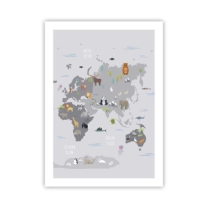 Affiche - Poster - Carte du monde avec des animaux colorés pour les enfants - 50x70cm - Dis-moi d'où tu viens... - Décoration murale moderne pour le salon et la chambre ARTTOR