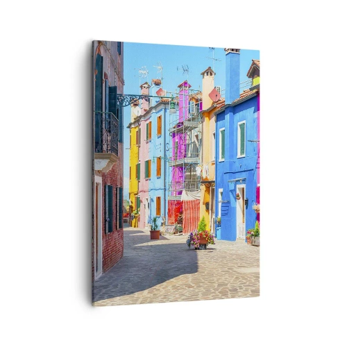 Impression sur toile - Image sur toile - Bâtiments colorés dans une rue étroite de la ville - 50x70cm - Ville "Sous les perroquets" - Décoration murale moderne pour le salon et la chambre ARTTOR
