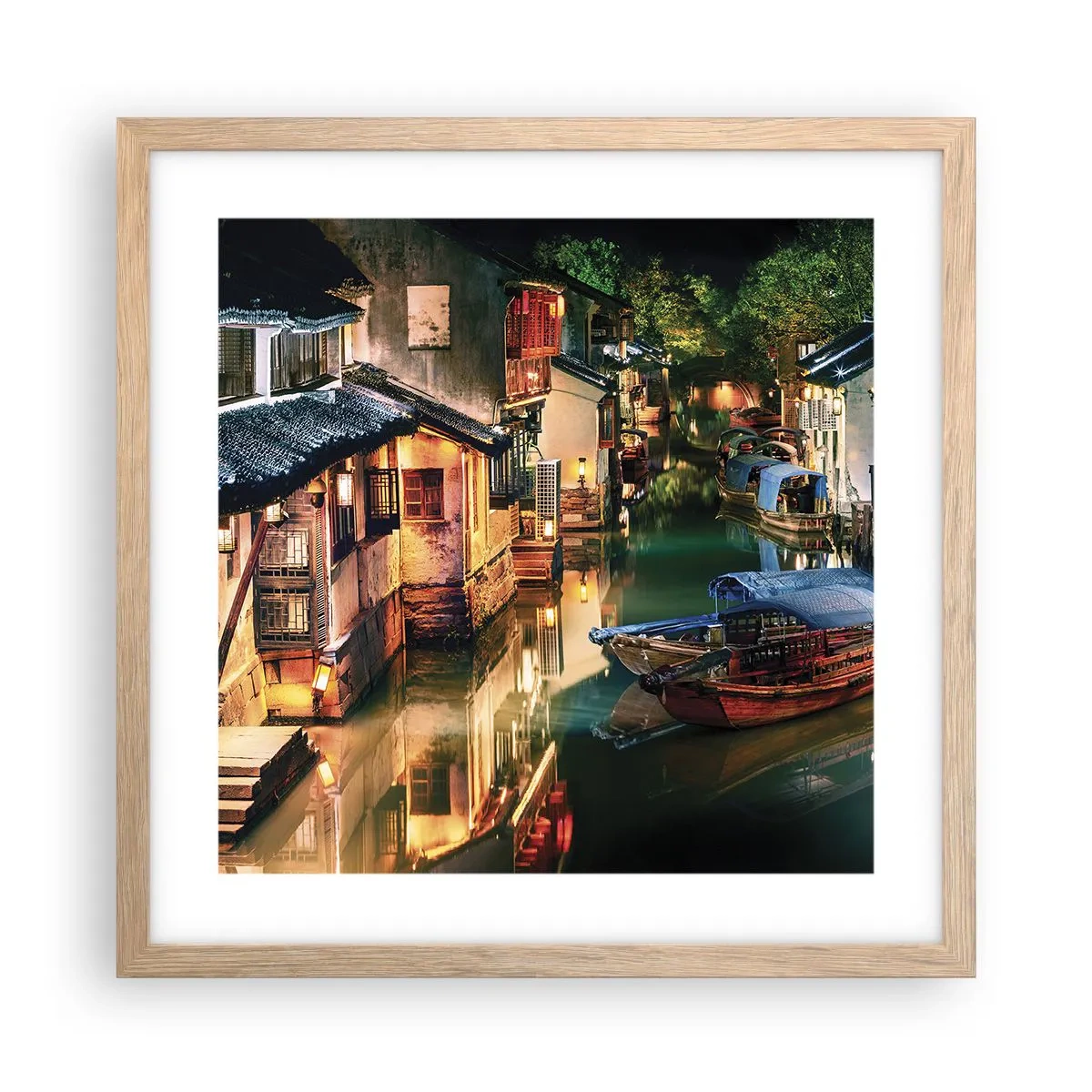 Affiche dans un chêne clair - Poster - Soirée dans une rue chinoise - 40x40 cm
