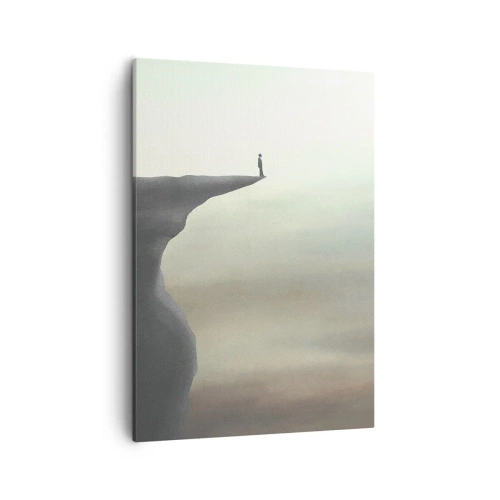 Impression sur toile - Image sur toile - Silhouette d'une figure au bord d'une falaise dans un paysage brumeux - 50x70cm - Tout en haut, bien entendu! - Décoration murale moderne pour le salon et la chambre ARTTOR