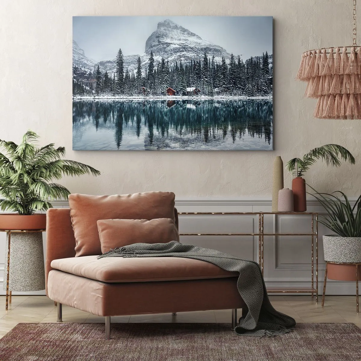Impression sur toile - Image sur toile - Paysage d'hiver avec des chalets dans la forêt au bord d'un lac gelé - 70x50cm - Retraite canadienne - Décoration murale moderne pour le salon et la chambre ARTTOR
