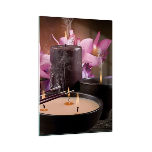 Impression sur verre - Image sur verre - Figurine de Bouddha avec bougies allumées et bâtons d'encens - 80x120cm - Vider l'esprit, calmer le corps - Décoration murale moderne pour le salon et la chambre ARTTOR