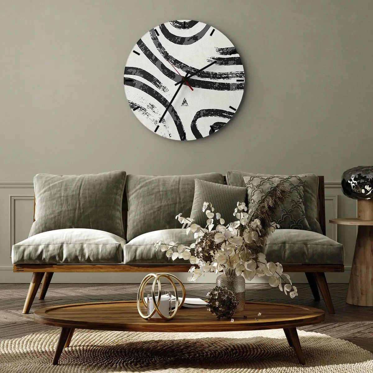 Horloge murale - Pendule murale - Arcs noirs et gris sur fond clair dans un style minimaliste - 30x30cm - À moitié arrêté - Décoration murale moderne pour le salon, la cuisine et la chambre ARTTOR