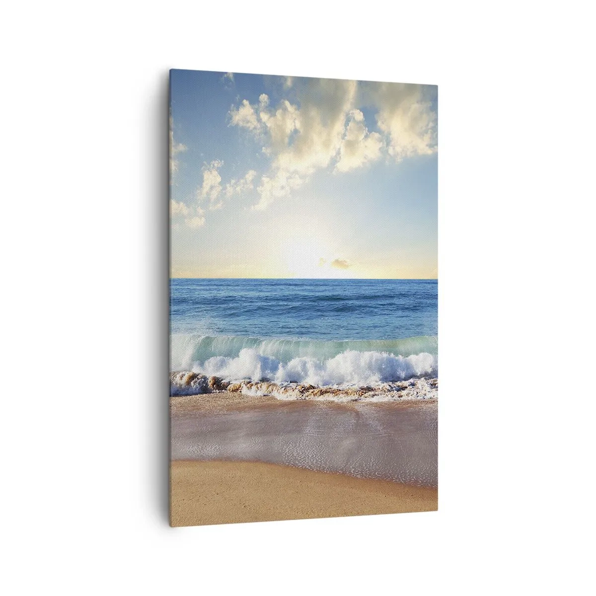 Impression sur toile - Image sur toile - Une plage ensoleillée avec des vagues s'écrasant sur le rivage - 80x120cm - Mouvement et immobilité à la fois - Décoration murale moderne pour le salon et la chambre ARTTOR