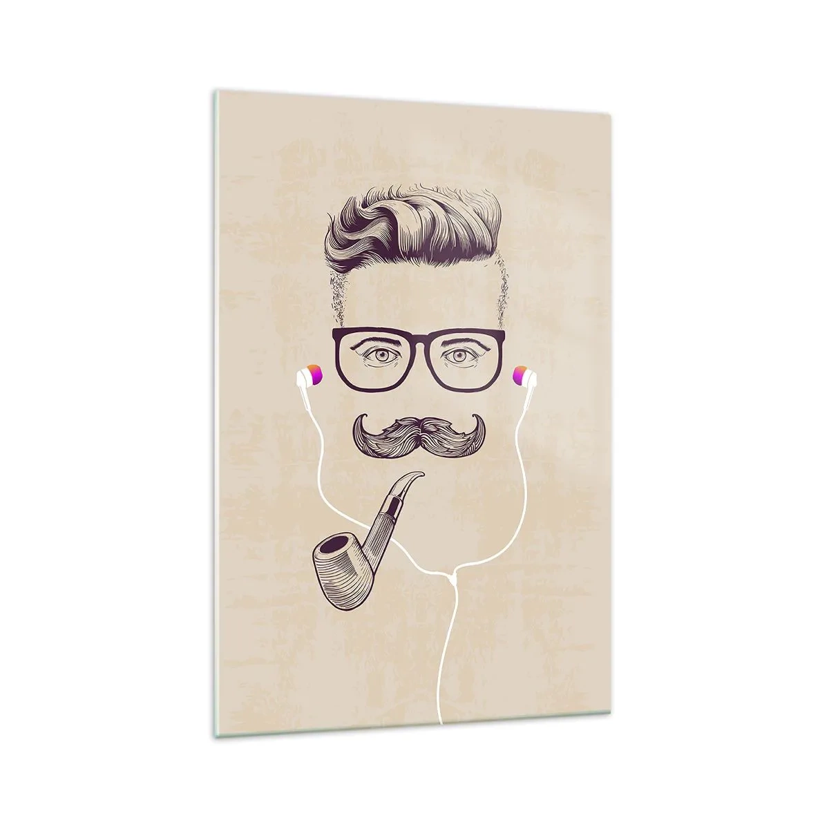 Impression sur verre - Image sur verre - Portrait rétro d'un homme avec une pipe, des écouteurs et des lunettes - 70x100cm - Un vrai homme? - Décoration murale moderne pour le salon et la chambre ARTTOR