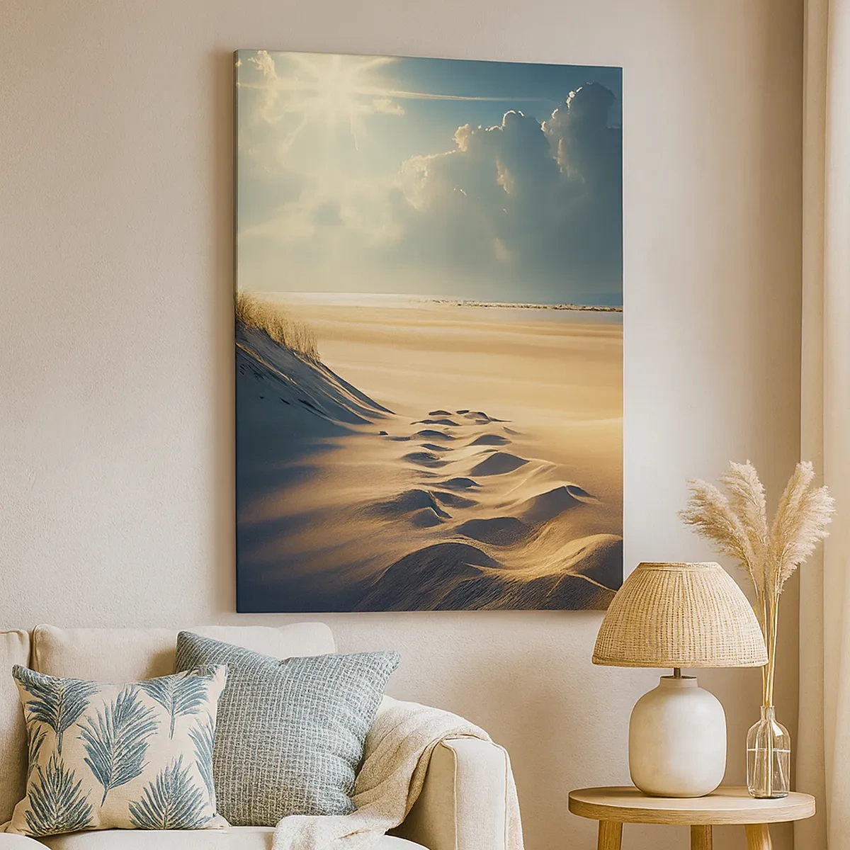 Impression sur toile - Image sur toile - Dunes dorées sur la plage au coucher du soleil avec vue sur la mer - 50x70cm - Un paysage apaisant - Décoration murale moderne pour le salon et la chambre ARTTOR