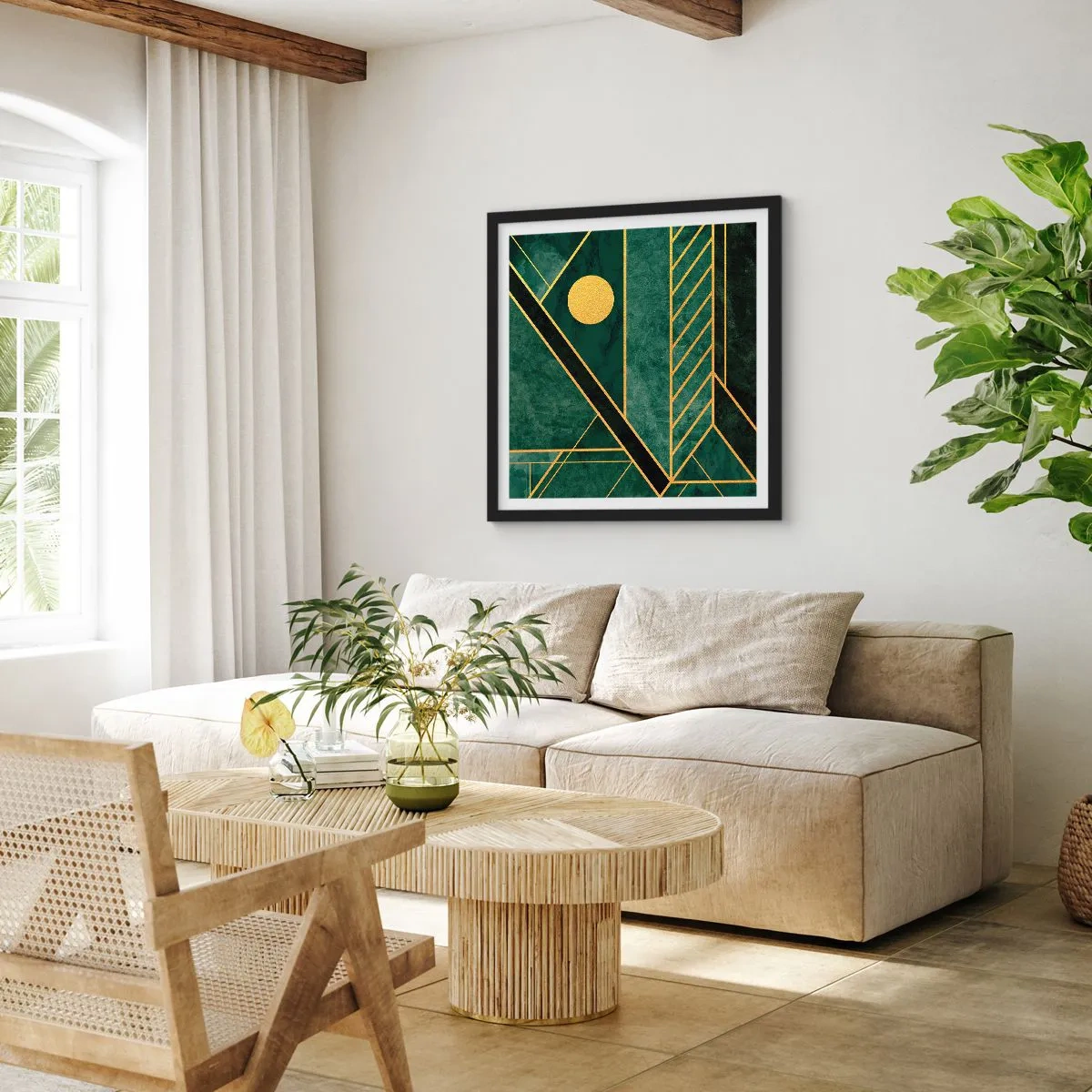 Affiche dans un cadre noir - Poster - Dynamique or et azur - 50x50 cm