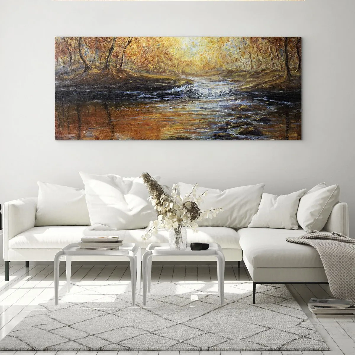 Impression sur verre - Image sur verre - Paysage d'automne avec une rivière parmi les arbres - 120x50cm - Le ruisseau d'or - Décoration murale moderne pour le salon et la chambre ARTTOR