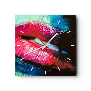Horloge murale - Pendule murale - Gros plan de lèvres colorées et brillantes sur un fond artistique - 30x30cm - Sensuel et dérangeant - Décoration murale moderne pour le salon et la chambre ARTTOR