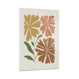 Impression sur verre - Image sur verre - Trois fleurs stylisées aux couleurs chaudes sur fond clair - 50x70cm - Nature et géométrie - Décoration murale moderne pour le salon et la chambre ARTTOR
