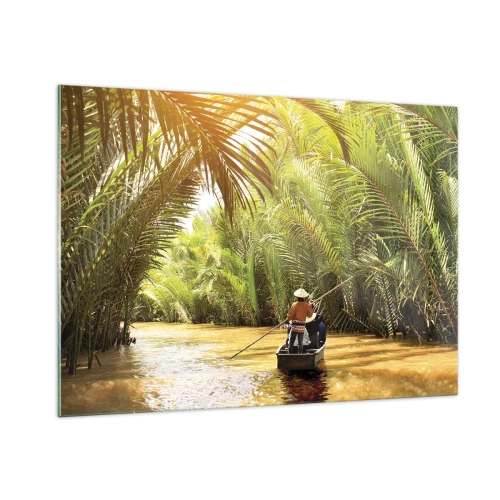 Impression sur verre - Image sur verre - Un bateau avec un homme à la rame navigue à travers une gorge bordée de palmiers - 100x70cm - Ravin de palmier - Décoration murale moderne pour le salon et la chambre ARTTOR