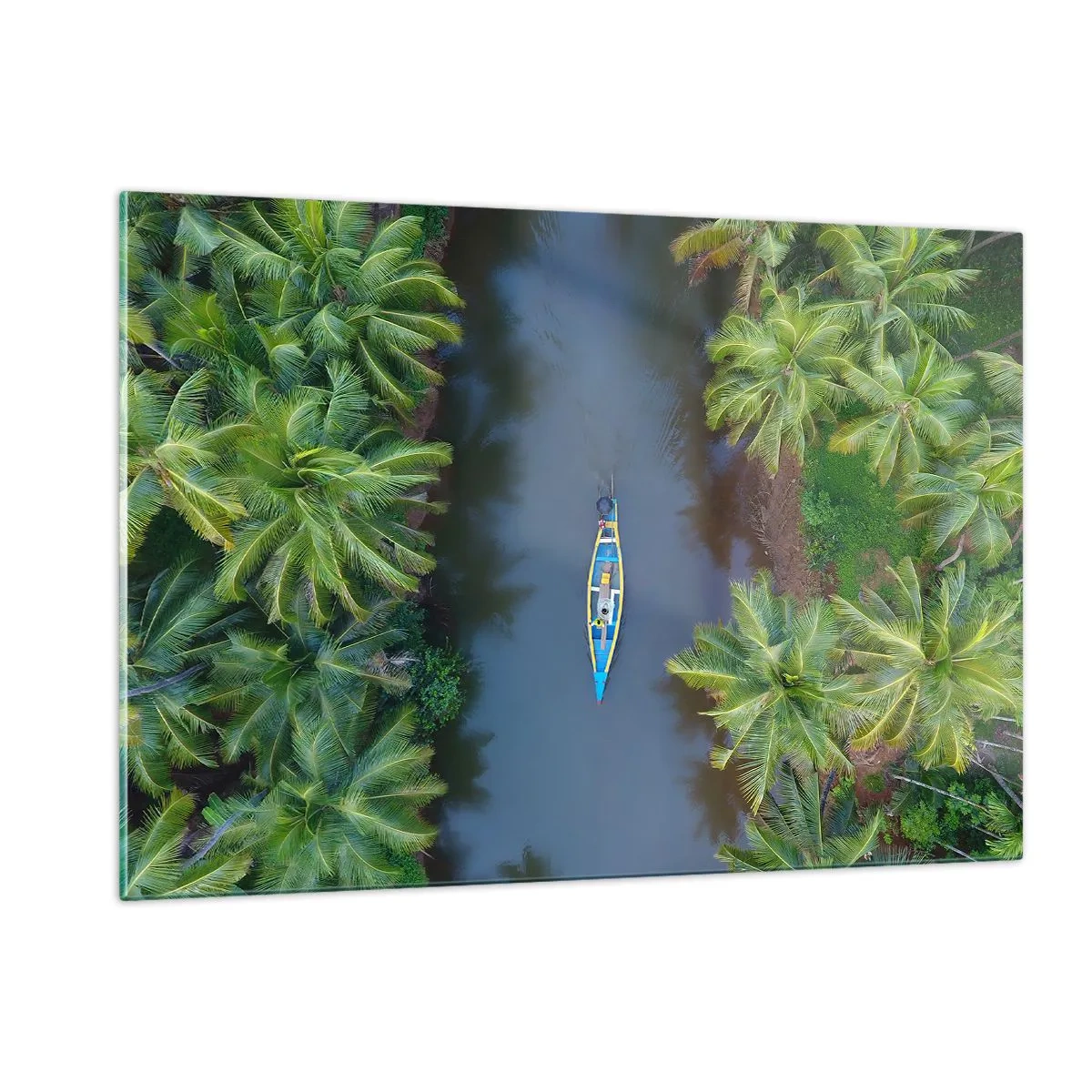 Impression sur verre - Image sur verre - Vue aérienne d'un bateau naviguant dans un canal parmi des palmiers tropicaux - 120x80cm - Sur un sentier tropical - Décoration murale moderne pour le salon et la chambre ARTTOR