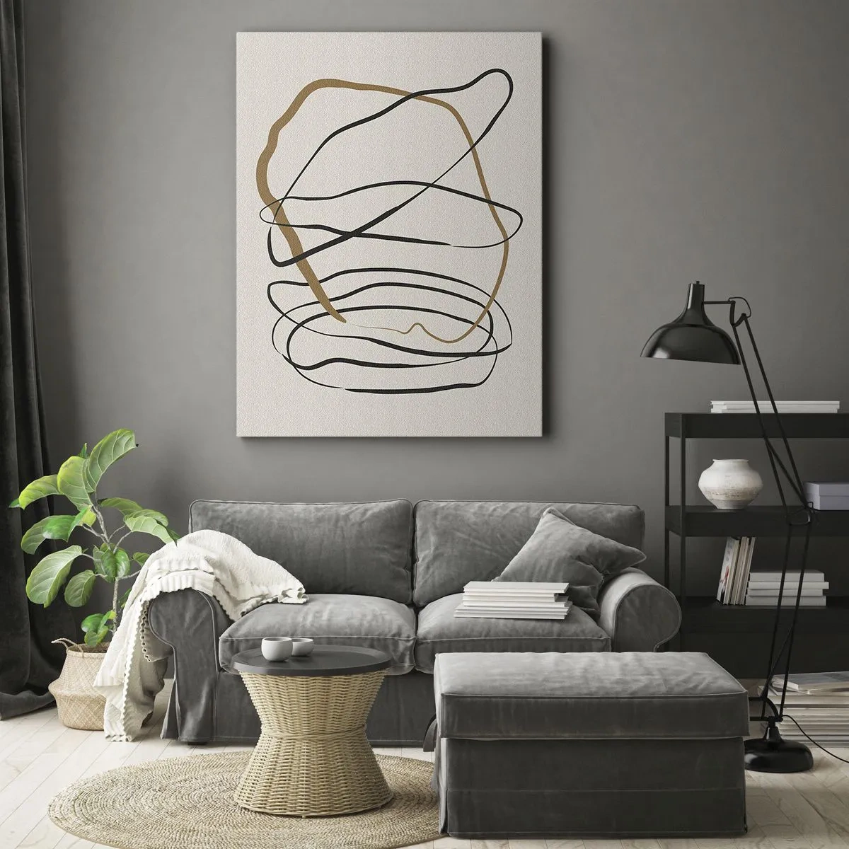 Impression sur toile - Image sur toile - Lignes artistiques en noir et or sur fond clair - 70x100cm - Composition – danse en boucle - Décoration murale moderne pour le salon et la chambre ARTTOR