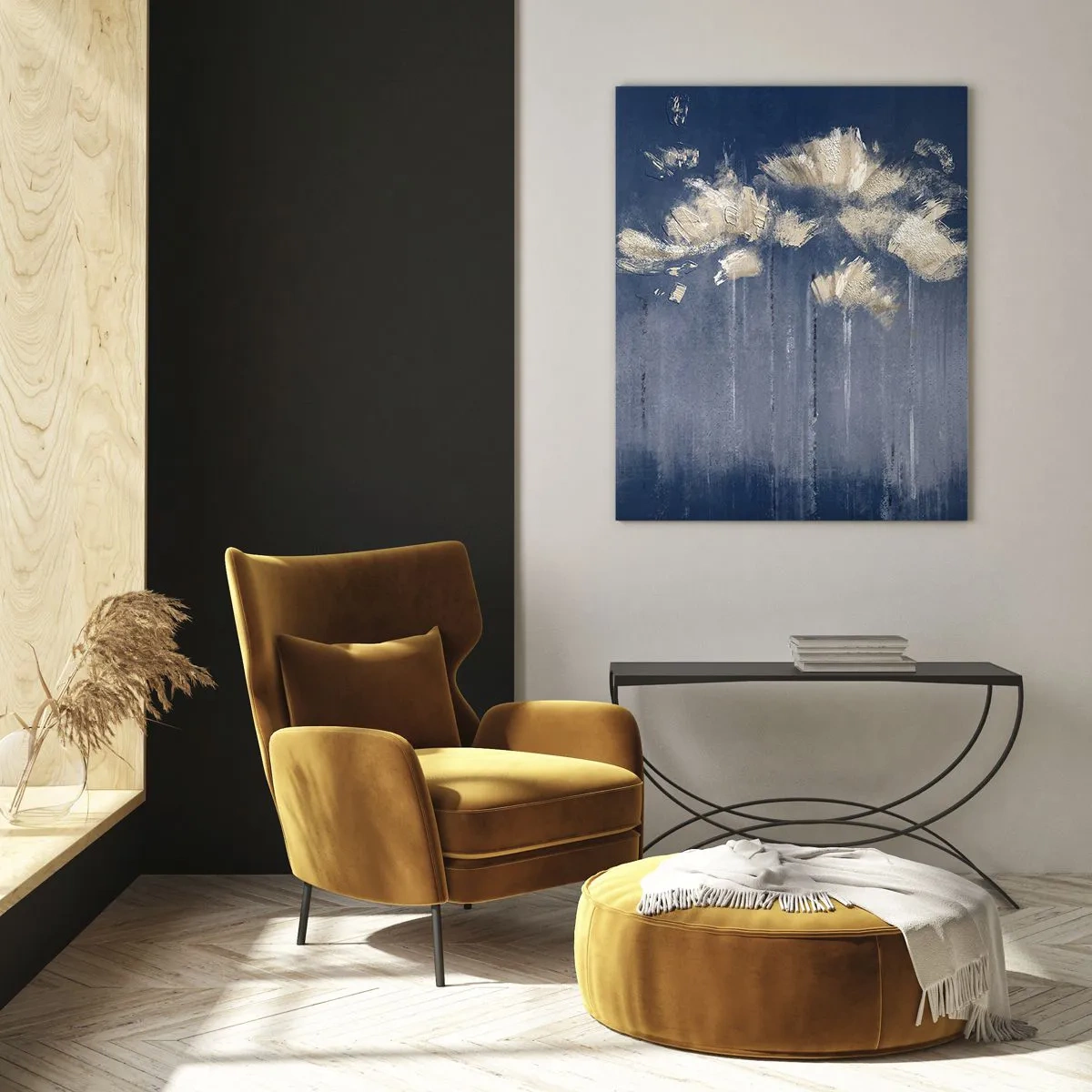 Impression sur verre - Image sur verre - Fleurs délicates sur fond bleu - 70x100cm - Comme des pétales au vent - Décoration murale moderne pour le salon et la chambre ARTTOR