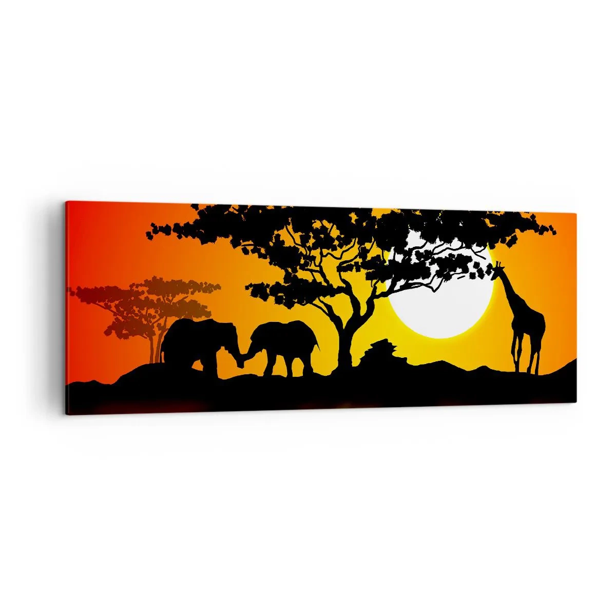 Impression sur toile - Image sur toile - Coucher de soleil africain avec des silhouettes d'éléphants et de girafes au-dessus de l'eau - 140x50cm - Rencontre dans la savane - Décoration murale moderne pour le salon et la chambre ARTTOR