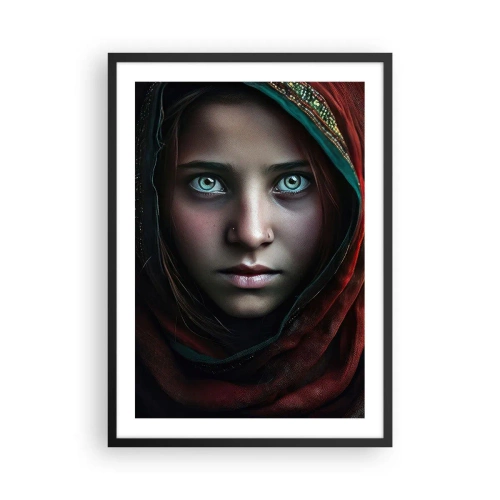 Affiche dans un cadre noir - Poster - Portrait d'une fille dans un châle rouge avec des yeux hypnotisants - 50x70cm - Princesse orientale - Décoration murale moderne pour le salon et la chambre ARTTOR