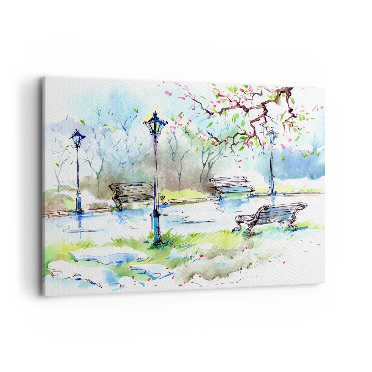 Impression sur toile - Image sur toile - Scène de parc à l'aquarelle avec bancs et lampes - 100x70cm - Le charme du silence d'un parc - Décoration murale moderne pour le salon et la chambre ARTTOR