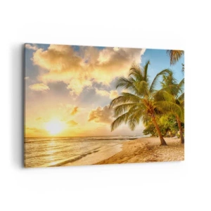 Impression sur toile - Image sur toile - Plage avec palmiers et coucher de soleil sur l'océan - 100x70cm - Été éternel, toujours des vacances - Décoration murale moderne pour le salon et la chambre ARTTOR