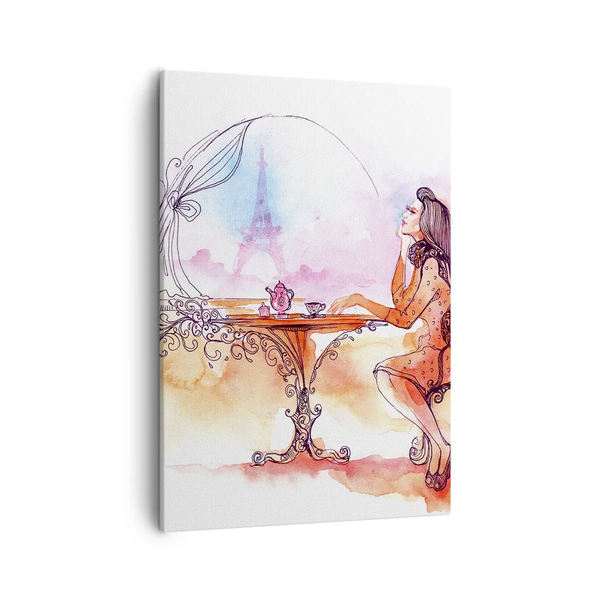 Impression sur toile - Image sur toile - Aquarelle romantique d'une femme dans un café surplombant une tour - 50x70cm - Le chic parisien - Décoration murale moderne pour le salon et la chambre ARTTOR