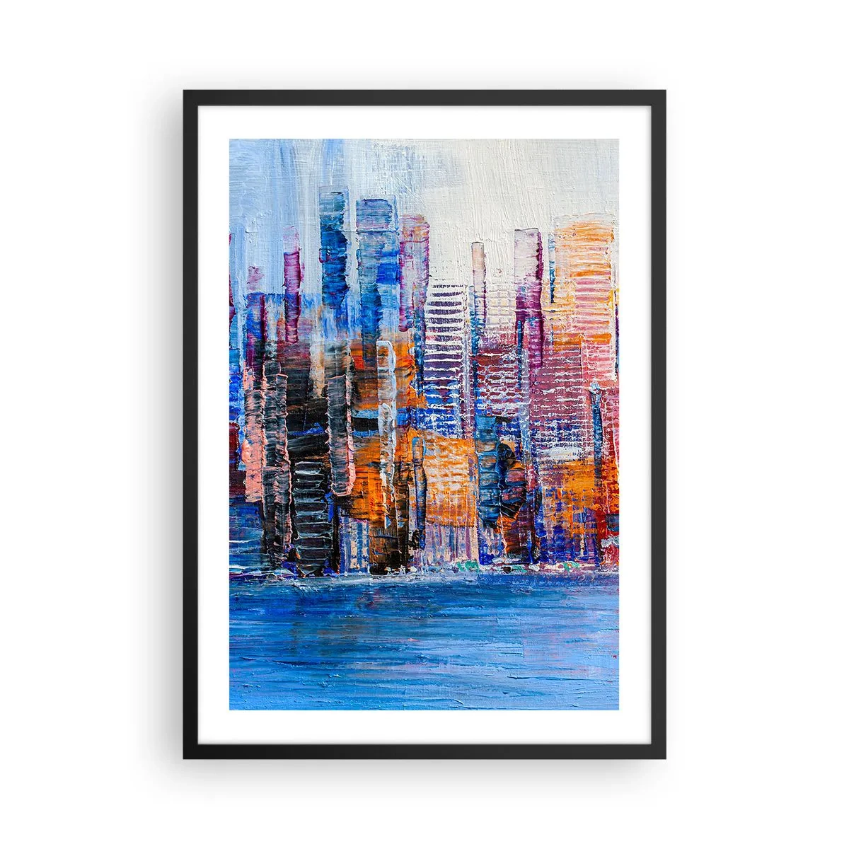 Affiche dans un cadre noir - Poster - Panorama urbain abstrait aux couleurs intenses - 50x70cm - Une métropole joyeuse - Décoration murale moderne pour le salon et la chambre ARTTOR