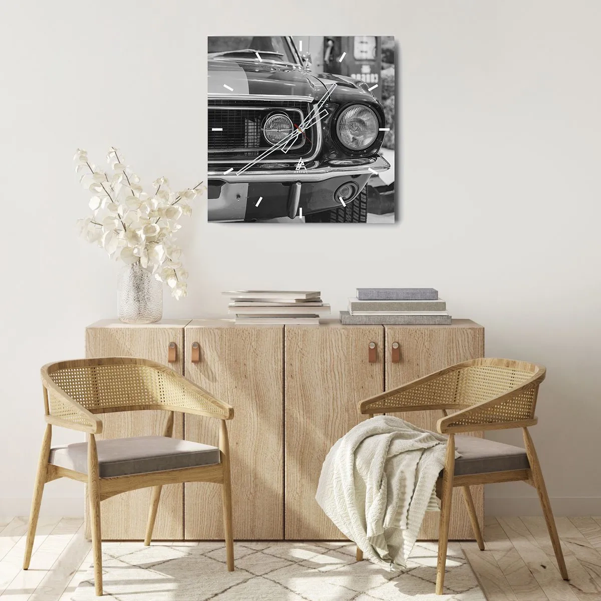 Horloge murale - Pendule murale - Capot de voiture classique noir et blanc - 30x30cm - Conduire dur - Décoration murale moderne pour le salon et la chambre ARTTOR