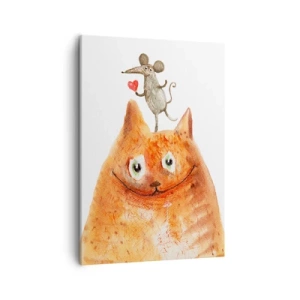 Impression sur toile - Image sur toile - Un dessin d'un chat avec une souris sur la tête tenant un cœur - 50x70cm - Amour paradoxal - Décoration murale moderne pour le salon et la chambre ARTTOR