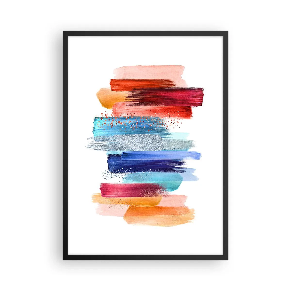 Affiche dans un cadre noir - Poster - Coups de pinceau abstraits colorés sur fond blanc - 50x70cm - En haut et en bas - Décoration murale moderne pour le salon et la chambre ARTTOR