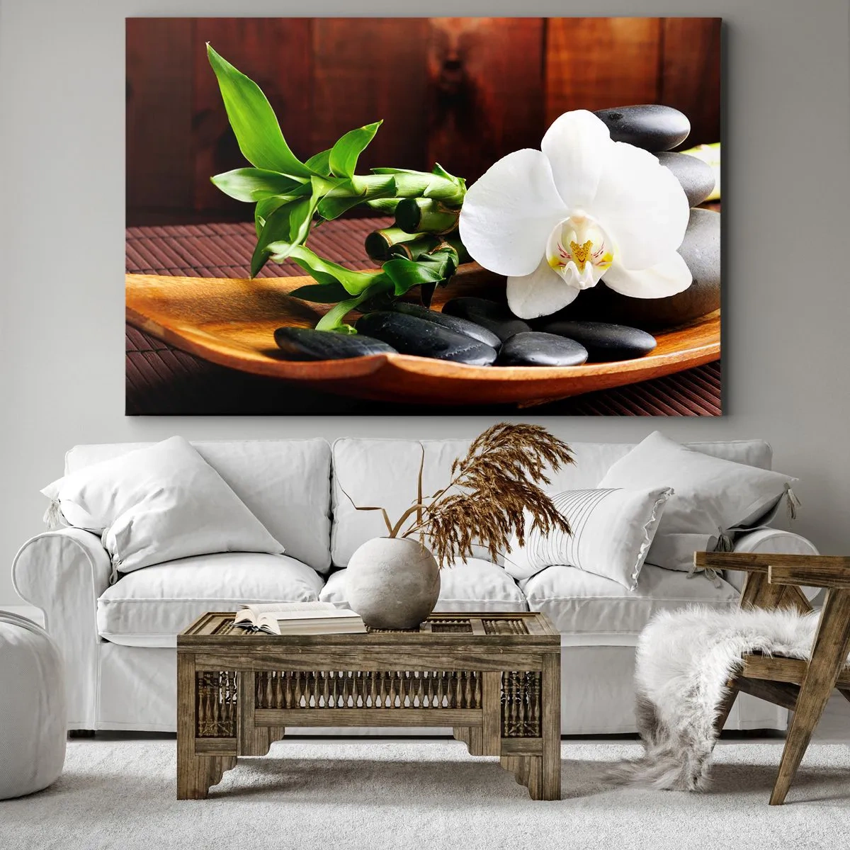 Impression sur toile - Image sur toile - Orchidée blanche avec bambou sur fond de pierre de style zen - 70x50cm - Cédez au contact de la nature - Décoration murale moderne pour le salon et la chambre ARTTOR