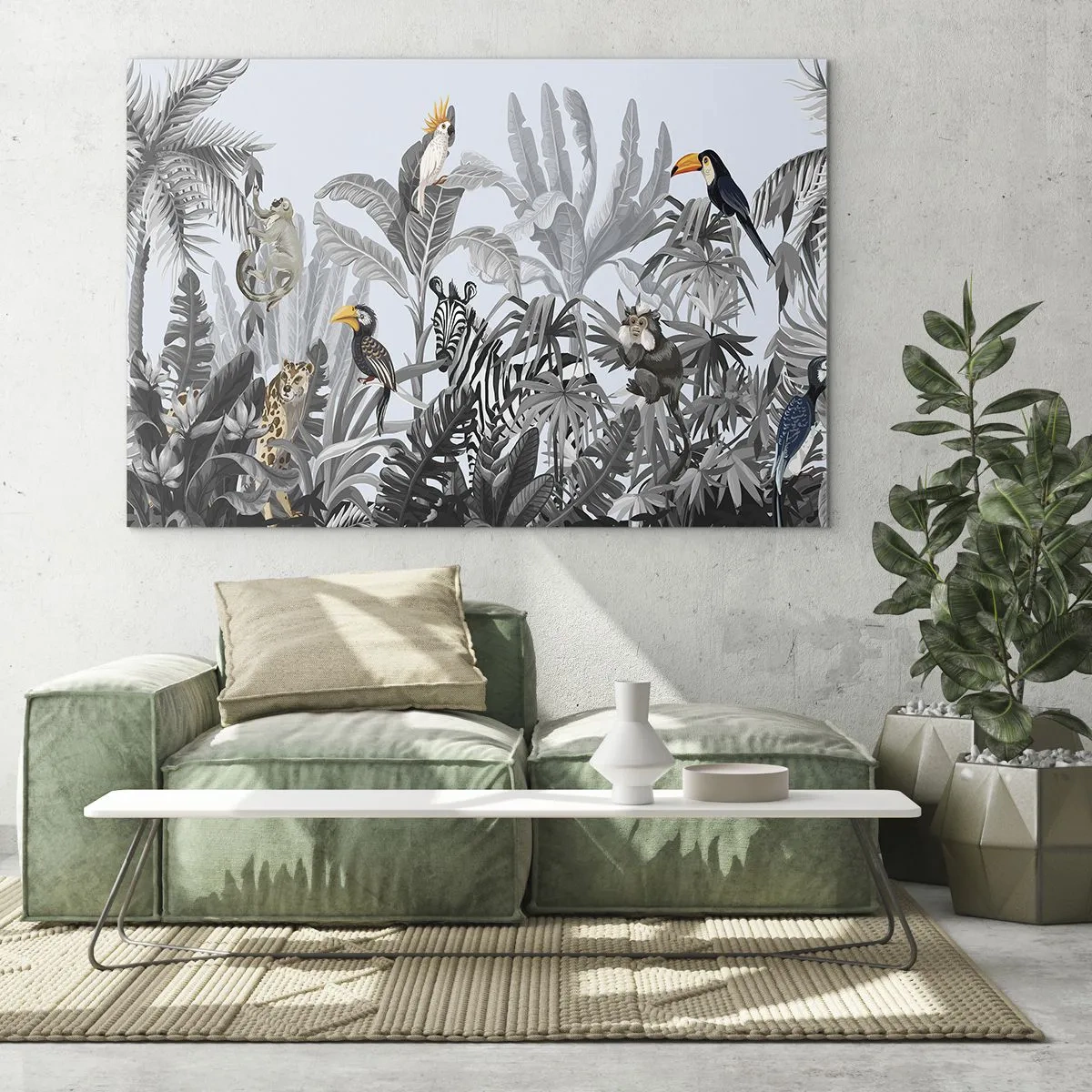 Impression sur verre - Image sur verre - Animaux exotiques dans une jungle en noir et blanc sur fond clair - 100x70cm - Conte de fées africain - Décoration murale moderne pour le salon et la chambre ARTTOR