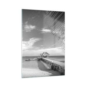 Impression sur verre - Image sur verre - Photographie en noir et blanc d'une plage tropicale avec une jetée - 50x70cm - Souvenirs ou rêve? - Décoration murale moderne pour le salon et la chambre ARTTOR